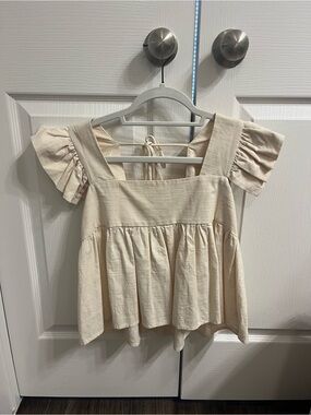 Cream Ruffle-Sleeve Square Neck Peplum Top